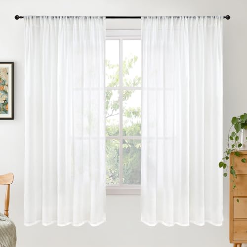 White Semi Sheer Linen Curtains 63 Inch Length for Bedroom 2 Panels Set (White / 52"W x 63"L (Pack of 2))