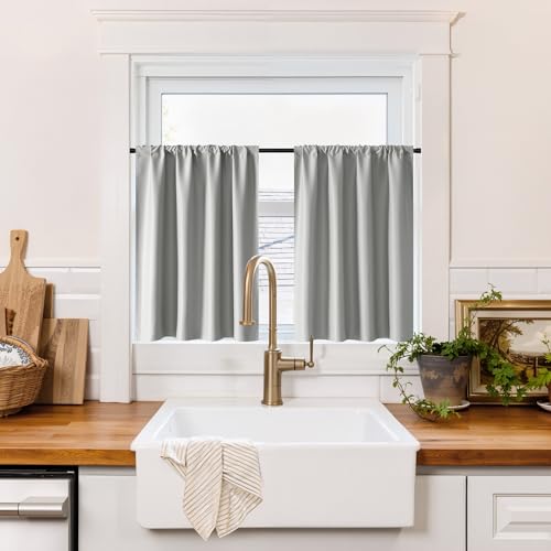 100% Blackout Basement Curtains 24 inches Long (100% Blackout - Sliver Grey / 34"W x 24"L (Pack of 2))
