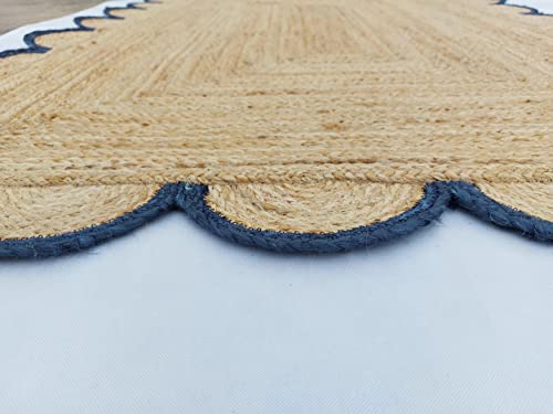 Scalloped Natural Jute Area Rug (2'6"x8' (Runner) / Navy)