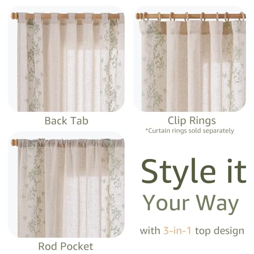 Floral Linen Curtains 63 Inch Farmhouse Back Tab 2 Panels (Vine | Sage / 50"W x 63"L (Pack of 2))