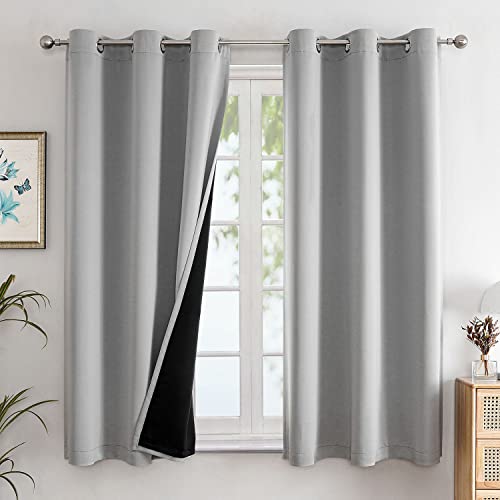 100% Blackout Curtains for Bedroom 63 Inch Long with Black Liner (42"W x 63"L (Pack of 2) / Light Grey)