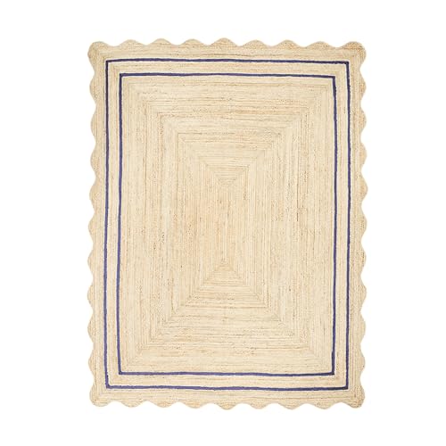 Wave Scalloped Jute Rug Entryway Natural Boho Area Rug Navy Blue 12'x12' (12'x12' / Navy Blue)