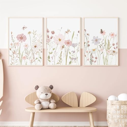 Wildflower Nursery Wall Art Pink Watercolor Floral Painting Baby Girl Nursery Canvas Wall Decor Vintage Botanical Flower Picture Boho Wildflower Prints for Bedroom 12x16x3 Inch Unframed (12x16 Inch Unframed / Pink Flowers Prints)