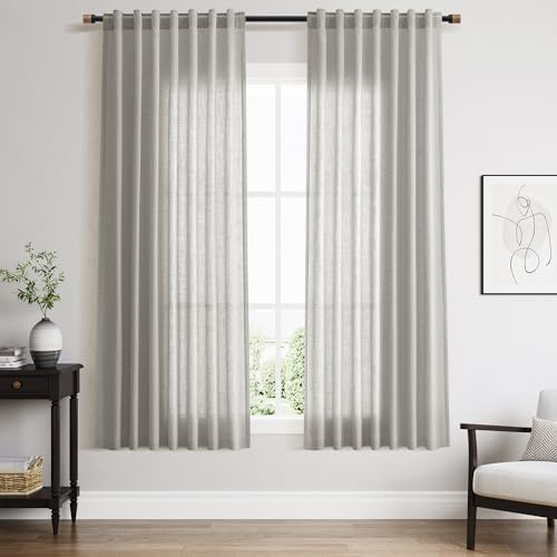 Light Gray Linen Curtains 63 Inch Length for Living Room Back Tab and Rod Pocket Semi Sheer Curtain Simple Modern Coastal Room Decor Light Filtering Grey Drapes for Bedroom 52x63 (52"W x 63"L (Pack of 2) / Light Grey)