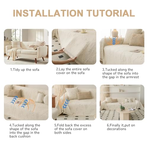 Washable Couch Covers for Sofa Boho Couch Covers for 3 Cushion Sofa Pet Friendly Beige Chenille Jacquard Couch Protector for Dogs Plant Branch Sectional Cover Sofa Slipcovers (71" x 118" / U: Beige)