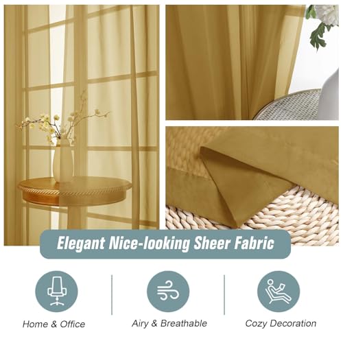 Gold Sheer Curtains 90 Inches Long 2 Panels (42"W x 90"L (Pack of 2) / Gold)