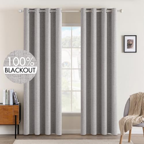 100% Blackout Linen Curtains for Bedroom 52x96 Inches Light Gray (Light Gray / 52"W x 96"L (Pack of 2))
