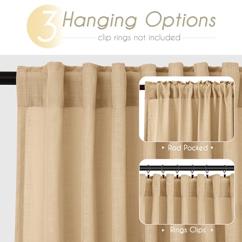 Tan Linen Curtains 96 inches Long for Living Room Back Tab Rustic Farmhouse Semi Sheer Light Filtering Window Curtain Dining Room Soft Thick Flax Linen Textured Drapes Kahki 52x96 (Kahki / 52"W x 96"L (Pack of 2))
