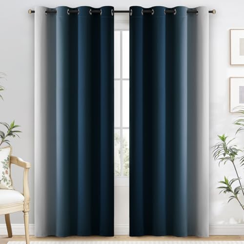 100% Blackout Curtains Ombre Navy Blue Curtains for Bedroom 84 Inch (52"W x 84"L (Pack of 2) / Navy Blue 2 Layers)
