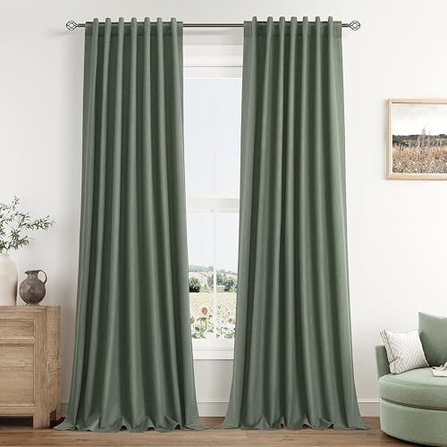 Olive Green 100% Blackout Curtains 84 Inch Length 2 Panels Set for Living Room Bedroom Back Tab Thermal Insulated Black Out Linen Drapes Room Darkening Window Curtains 84 Inches Long (Olive Green / 52"W x 84"L (Pack of 2))
