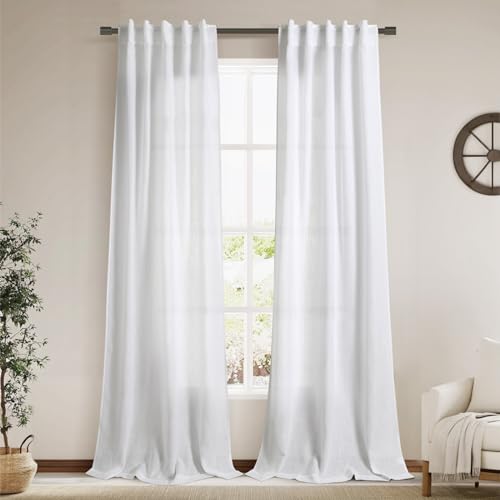Linen White Curtains 96 Inches Long 2 Panels Set Back Tab Rod Pocket Semi Sheer Light Filtering Window Curtain Drapes Neutral Modern Aesthetic Long Curtains for Living Room Bedroom Decor 40x96 (40"W x 96"L (Pack of 2) / White)