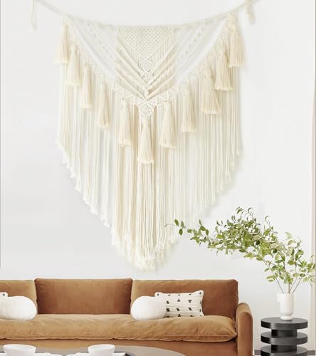 Macrame Wall Hanging Small Yarn Wall Art Ivory Boho Decor 31"Wx39"L (Ivory1)