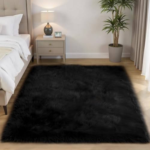 Black Faux Sheepskin Fur Rug 5x8 for Bedroom and Living Room (5' x 7'9" (Rectangular) / Black)