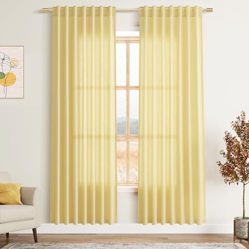 Yellow Linen Curtains 80 Inches Long for Bedroom Back Tab Light Filtering Privacy Sheer Yellow Curtain Modern Farmhouse Coastal Decor Cotton Textured Gauze Drapes 2 Panel Set 52x80 (52"W x 80"L (Pack of 2) / Yellow)