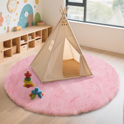 Pink Fluffy Round Area Rugs for Bedroom (Pink / 3' (Round))