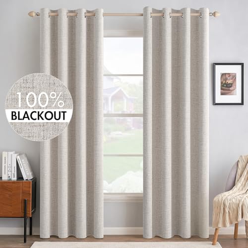 100% Blackout Linen Curtains for Bedroom 52x84 Inches Ivory (Ivory / 52"W x 84"L (Pack of 2))