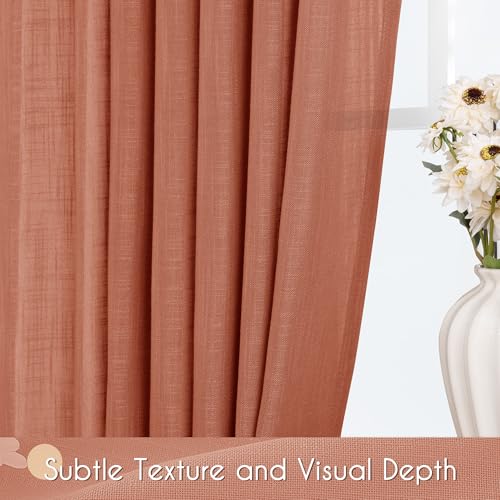 80 inch Linen Terracotta Curtains 2 Panels for Living Room Back Tab Light Filtering Semi Sheer Rust Colored 80 inches Long Soft Thick Cotton Cloth Textured Rustic Boho Farmhouse Room Decor (Terracotta / 52"W x 80"L (Pack of 2))
