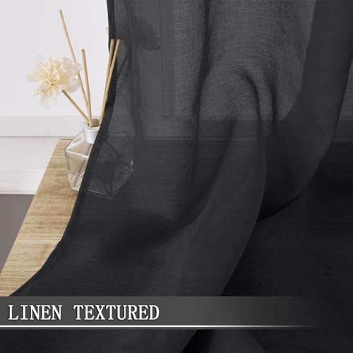 Sheer Tier Curtains Kitchen Linen Textured Half Curtain Sheers Light Filtering Rod Pocket Voile Bathroom Short Curtains for Farmhouse (25"W x 30"L (Pack of 2) / Black)
