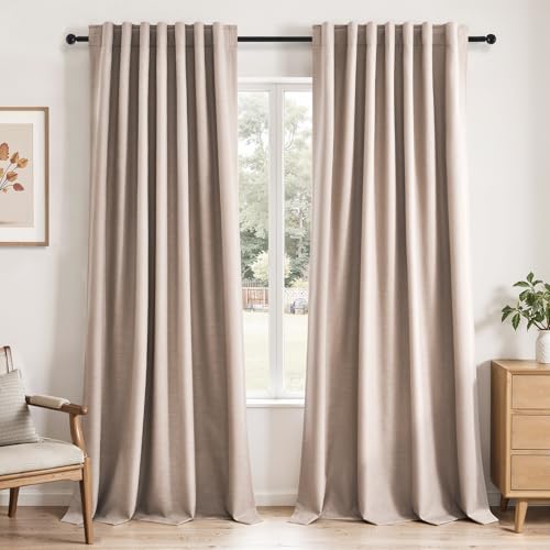 96 inch long blackout window curtains 2 Panels for bedroom 100% Black out Linen texture Curtain Vintage Farmhouse Drapes with Back Tab Rod Pocket Pinch pleated Thermal Insulated Panel for Living Room (Natural Beige / 52"W x 96"L (Pack of 2))