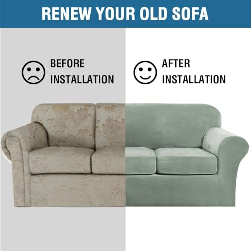 High Stretch Sofa Slipcover 4 Piece Cover Velvet Furniture Protector Form Fit Thick Velvet Extra Large Sofa Cover for 3 Cushion Couch Width Up to 97 Inch (3 Cushion Large Sofa / Sea Grass)