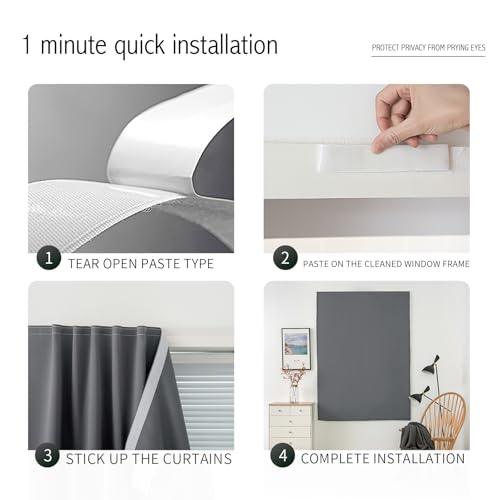 Magic Tape Stick On Curtains Window Shades Pull Down Blackout Window Cover Blackout Curtains for Bedroom No Drillng Self Adhesive Curtains No Rod Small Curtain (59"W x 59"L (Pack of 1) / Grey)