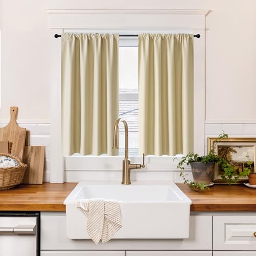 100% Blackout Short Curtains for Small Window (100% Blackout - Biscotti Beige / 34"W x 48"L (Pack of 2))