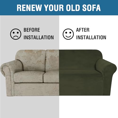 Stretch Velvet Sofa Covers for 3 Cushion Couch Covers Furniture Protector Soft with Non Slip Elastic Bottom (Olive / Sofa L)