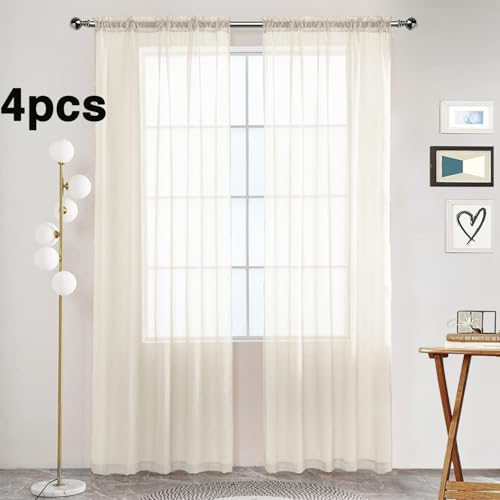 Ivory Sheer Curtains 4 Panels Rod Pocket Semi (Ivory / 52"W x 63"L (Pack of 4))