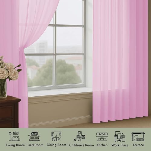 Pink Sheer Curtain 90 Inches Long 2 Panels Set (Pink / 59"W x 90"L (Pack of 2))