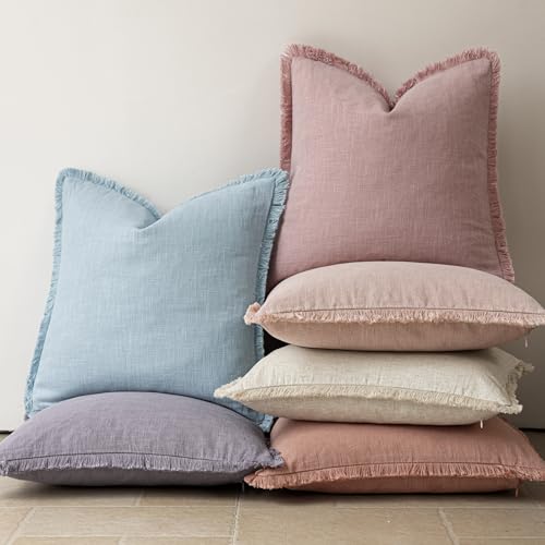 Decorative Linen Fringe Throw Pillow Covers 22×22 Inch (22" x 22" (Pack of 2) / Blush)