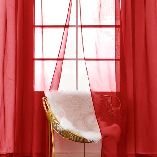 Sheer Voile Window Treatment Rod Pocket Curtain Panels for Kitchen Bedroom Living Room Drapes Sunlight Filtering Privacy Semi Home Decor Assorted Colors Sizes (Christmas Red / 52"W x 90"L (Pack of 2))
