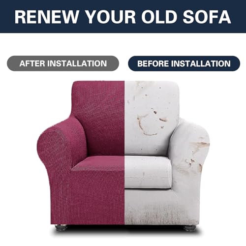 2026 New Stretch Chair Sofa Slipcovers Couch Cover for 1 Seater Furniture Protector Sofa Covers with Elastic Bottom Jacquard Fabric Small Checks for Pets (Wine / Chair)