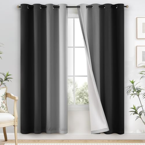 100% Blackout Curtains Ombre Black Curtains for Bedroom 72 Inch (52"W x 72"L (Pack of 2) / Black 2 Layers)