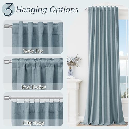 100% Blackout Linen Curtains 90 Inch Length 2 Panels Set for Living Room Bedroom Back Tab Thermal Insulated Black Out Drapes Room Darkening Farmhouse Style for Bedroom Window Curtains 52x90 (Blue / 52"W x 90"L (Pack of 2))