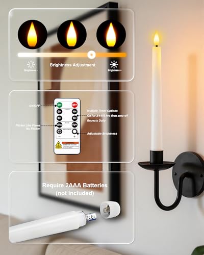 6 Pcs Waxy Flameless Taper Candles with Remote (White / 9.6 inch)