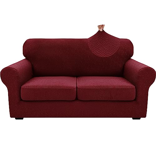 3 Piece Stretch Loveseat Sofa Cover (55"-69"(2 Cushions) / Wine Red)