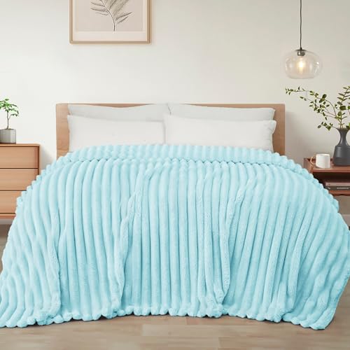 Striped Queen Size Fleece Blanket for Bed (Light Blue / Queen ( 90x90 IN ))