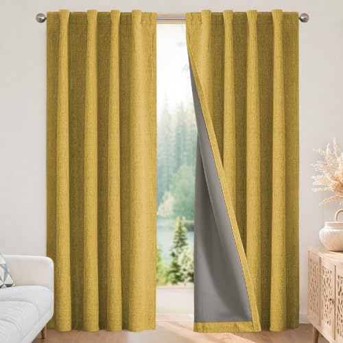 Linen Blackout Curtains for Bedroom (Yellow / 70"W x 96"L (Pack of 1))