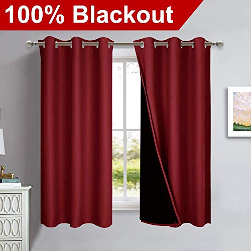 100% Blackout Short Curtains with Black Liners (Burgundy Red / 37"W x 63"L (Pack of 2))
