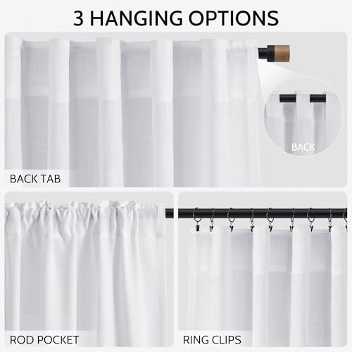 Snow White Linen Curtains 90 Inches Long for Living Room Light Filtering Semi Sheer Curtain Back Tab Luxury Neutral Coastal Modern Farmhouse Decor Drapes for Bedroom Dinner Room 52x90 (52"W x 90"L (Pack of 2) / Snow White)