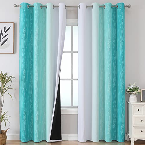 Teal and Grayish White Ombre Blackout Curtains Living Room 108 Inches Long (Teal and Greyish White / 52"W x 108"L (Pack of 2))