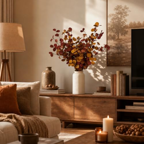 6pcs Eucalyptus Stems Fake Brown Orange Fall Leaves Artificial Silk Flowers Autumn Decor Bouquet Faux Branches Centerpiece Flores Plants for Home Party Decor Wedding Decoration (6pcs-autumn)