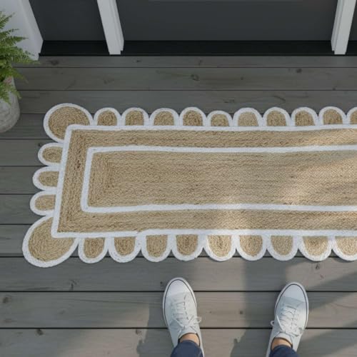 Jute Runner Rug 2x6 Ft with Scalloped Border (Off White / 2' x 6' (Rectangular))