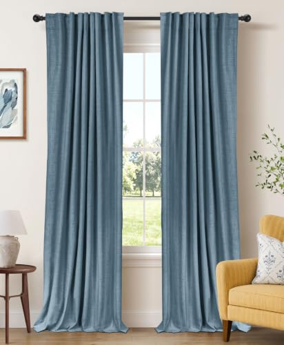 Faux Linen Total Blackout Curtains for Bedroom 80 Inches Long (Glacier | Stone Blue / 50"W x 80"L (Pack of 2))