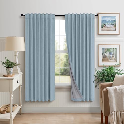 Light Blue Curtains for Bedroom 63 Inch Length 2 Panels Neutral Linen Textured Full Blackout Room Darkening Noise Reducing Curtain for Bay Window Kids Room Boys Nursery Dusty Slate Stone Blue 63 Long (Stone Blue / 52"W x 63"L (Pack of 2))