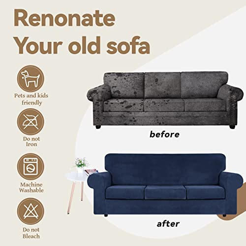 4 Pieces Couch Cover for Sofa Velvet Sofa Covers Washable (Large / Navy Blue)