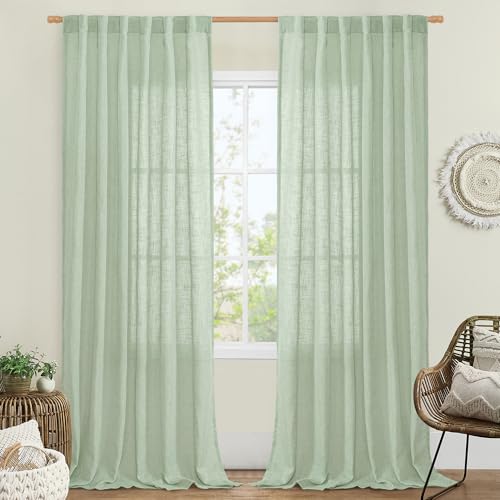 Linen Curtains for Living Room 84 inch Length 2 Panels (Fresh Green / 52"W x 84"L (Pack of 2))