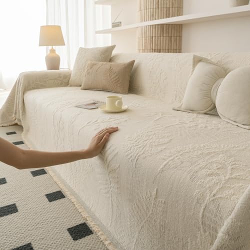 Washable Couch Covers for Sofa Boho Couch Covers for 3 Cushion Sofa Pet Friendly Beige Chenille Jacquard Couch Protector for Dogs Plant Branch Sectional Cover Sofa Slipcovers (71" x 118" / U: Beige)