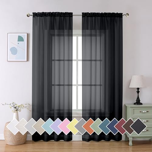 Black Sheer Curtains 90" Long for Living Room Windows (42"W x 90"L (Pack of 2) / Black)