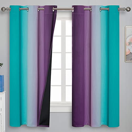Ombre Teal and Purple Blackout Curtains for Kids Bedroom (Purple and Teal / 42"W x 63"L (Pack of 2))